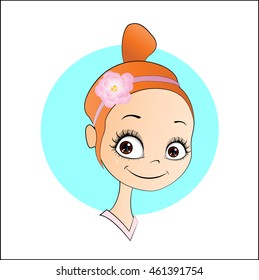 Vector cartoon image of cute smiling girl with a flower on her head.