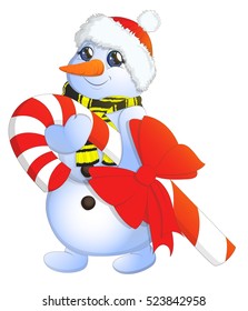 Vector cartoon image of a cute white snowman with different Christmas attributes in hands on a white background. The color image. Christmas, New Year. Vector illustration.