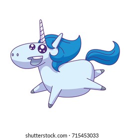 Vector cartoon image of a cute white happy unicorn with a blue mane and tail running somewhere and smiling on a white background. Animals, legend, fairy tale. Vector illustration.