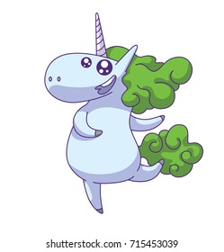 Vector cartoon image of a cute white happy unicorn with a green mane and tail dancing and smiling on a white background. Animals, legend, fairy tale. Vector illustration.