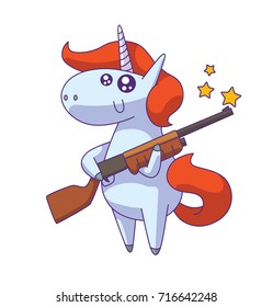 Vector cartoon image of a cute white happy unicorn with a red mane and tail standing with a rifle in hooves and smiling on a white background. Animals, legend, fairy tale. Vector illustration.