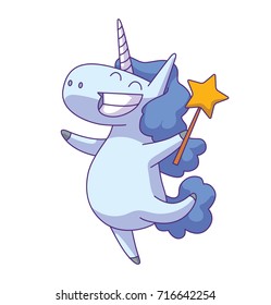 Imagen vectorial de un lindo unicornio blanco feliz con una melena azul ondulada y una cola parada con una varita mágica en la caseta y sonriendo sobre un fondo blanco. Animales, leyenda, cuento de hadas. Ilustración del vector