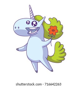 Vector cartoon image of a cute white happy unicorn with a light green mane and tail standing with a flower in hoof and smiling on a white background. Animals, legend, fairy tale. Vector illustration.