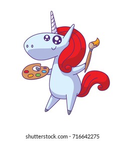 Vector cartoon image of a cute white happy unicorn with a scarlet mane and tail standing with brush and palette in hooves on a white background. Animals, legend, fairy tale. Vector illustration.