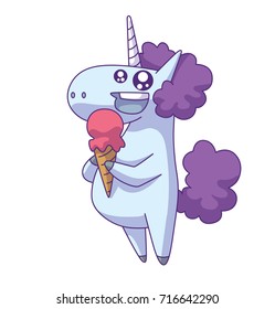 Vector cartoon image of a cute white happy unicorn with a purple mane and tail standing with an ice cream in hooves and smiling on a white background. Animals, legend, fairy tale. Vector illustration.