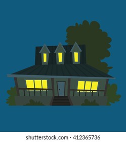Vector cartoon image of a cute yellow house with two floors, five light emitting windows, roof, door and trees and bushes near on a dark blue night background. Flat style. Vector illustration.