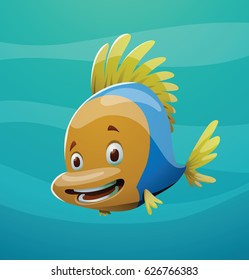Vector cartoon image of a cute yellow-blue fish with yellow fins and tail smiling on a blue marine background. Underwater life, ocean, aquarium. Positive character. Vector illustration.