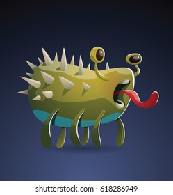 Vector cartoon image of a cute yellow-green monster with spikes all over his body standing on six legs with his tongue out on a dark blue background. Positive character, creature, funny. Halloween.