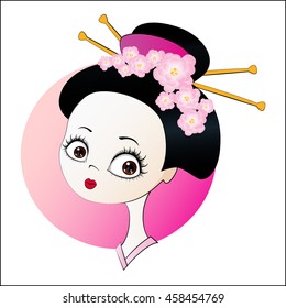 Vector cartoon image of cute young Japanese girl with traditional Japanese hair with flowers.