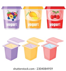 Vector cartoon image of dairy products. A container with yogurt. The concept of a healthy lifestyle and cooking. An element for your design.
