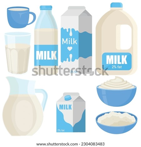 Vector cartoon image of dairy products. A container with milk. The concept of a healthy lifestyle and cooking. An element for your design.