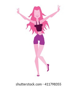 Vector cartoon image of a dancing girl with long pink hair in purple shorts and black tank top on a white background. Made in a flat style in lilac tones. Vector illustration.