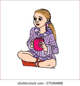 Vector cartoon image of a dreamy girl drinking the tea from the large mug