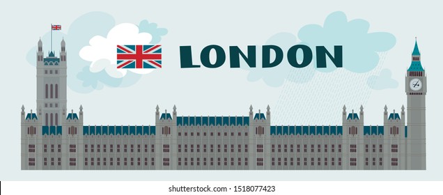 Vector cartoon image. Elizabeth Tower in rainy London