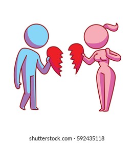 Vector cartoon image of an ex loving couple: pink woman and blue man standing with broken halves of the heart in the hands on a white background. Love, relationship, date. Vector icon.