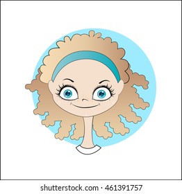 Vector cartoon image of face cute girl with curly blond  hair with headband