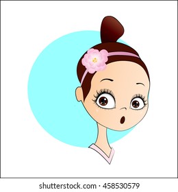 Vector cartoon image of face surprised cute little girl with dark hair and flower on her head.