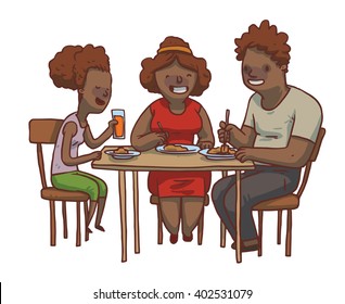 Vector Cartoon Image Of A Family Dinner. Black Father, Mother And Daughter Sitting At The Table And Eat Food On A White Background. Family Idyll. Card. Vector Illustration.