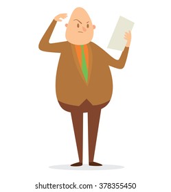 Vector cartoon image of a fat bald businessman in brown trousers, brown jacket and green tie with a white sheet of paper in his hand on white background. Business illustration. Vector illustration.