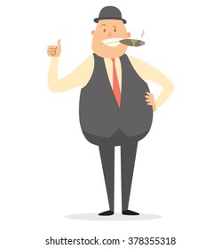 Vector cartoon image of a fat businessman in gray bowler hat, trousers, vest, white shirt and red tie with cigar in mouth, showing thumb on white background. Business illustration. Vector illustration