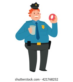 Vector cartoon image of a fat man police officer with ginger hair in a blue-black police uniform, black cap with a donut and cup of coffee in hands on a white background. Vector illustration of police