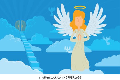 Vector cartoon image female angel background heaven  Angel and long blond hair in white chasuble  Blue background and clouds  angels  stairs   gates  Angel and halo over her head