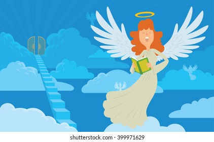 Vector cartoon image female angel background heaven  Angel and red hair  and book in white chasuble  Blue background and clouds  angels  stairs   gates  Angel and halo over head