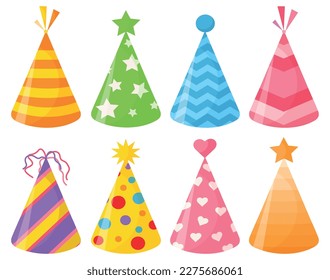 Vector cartoon image of festive hats on the head. The concept of parties and fun. A bright element for your design. Birthday.