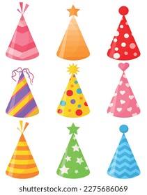 Vector cartoon image of festive hats on the head. The concept of parties and fun. A bright element for your design. Birthday.