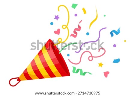Vector cartoon image of a festive party popper with confetti. Concept for birthdays, Christmas, New Years, and other celebrations. Element for your design.