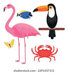 Vector cartoon image of a flamingo, toucan, glasses, etc. The concept of recreation, travel and the beach. Colorful elements for design.