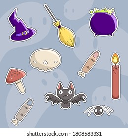 Vector cartoon image, flat icons. A sticker pack ready for production with a cutting outline. Halloween icons set (witches hat, broom, potion pot, mushroom, skull, fingers, candle, bat, spider).