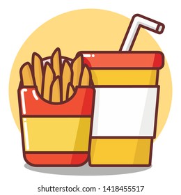 Vector, cartoon image. Image of food, junk food, combo, set, french fries in cardboard box with soda, sparkling water. White background with yellow circle. Print for a poster, design menu of snack bar