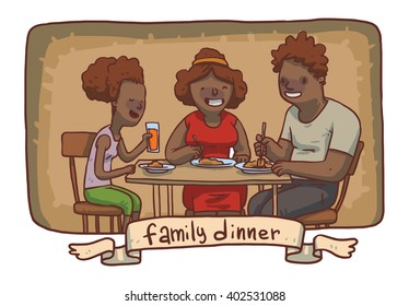 Vector cartoon image of a frame - family dinner. Black father, mother and daughter sitting at the table and eat food on a brown background. Banner. Vector illustration.