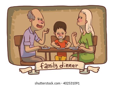 Vector cartoon image of a frame - family dinner. Grandfather, mother and son sitting at the table and eat food on a brown background. Banner. Vector illustration.