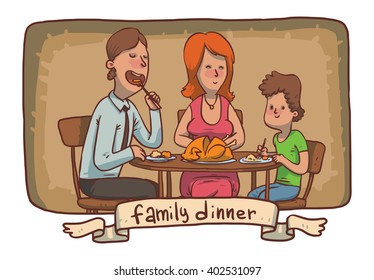 Vector cartoon image of a frame - a family dinner. Father, mother and son sitting at the table and eat fried chicken on a brown background. Banner. Vector illustration.