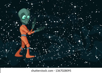 Vector cartoon image of funny alien positive character creature. Modern flat vector element isolated on dark starfield background. For website promotion logo and mobile game development advertise