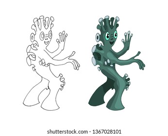 Vector cartoon image of funny alien positive character creature. Cartoon flat color drawing isolated on a white background. Coloring book page design for kids and children vector illustration