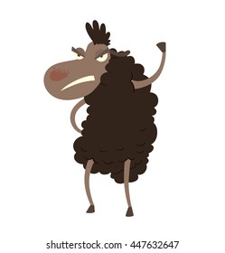 Vector cartoon image of funny angry sheep with a gray face and black wool, standing with raised her hoof on a white background. Vector illustration of a sheep.