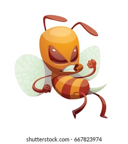 Vector cartoon image of a funny angry yellow-brown striped male bee with light blue wings, going to fight with someone on a white background. Beehive, insect, honey. Positive character. 