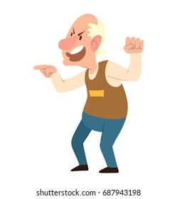 Vector cartoon image of a funny angry balding old man with gray hair  in blue pants and brown vest standing and screaming at someone on a white background. Retired, elderly. Vector illustration.