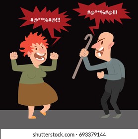Vector cartoon image of a funny angry old woman with red hair and funny angry bald old man with a cane in his hand standing and screaming at each other on a black background. Retired, elderly. 