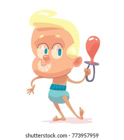 Vector cartoon image of a funny baby boy with blond hair in a blue diaper standing with a pacifier in his hands and smiling on a white background. Children, childhood, birth. Vector illustration.