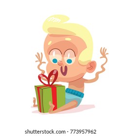 Vector cartoon image of a funny baby boy with blond hair in a blue diaper sitting with a green gift and smiling on a white background. Children, childhood, birth. Vector illustration.