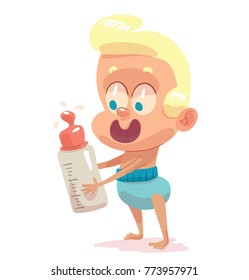 Vector cartoon image of a funny baby boy with blond hair in a blue diaper standing with a bottle of milk in hands and smiling on a white background. Children, childhood, birth. Vector illustration.