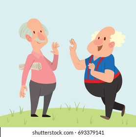 Vector cartoon image of a funny balding old man with gray hair and mustache, with a newspaper and funny balding fat old man with gray hair meeting on a nature background. Retired, elderly. 