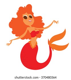 Vector cartoon image of a funny beautiful mermaid with orange wavy hair, scarlet-orange tail and scarlet bra, smiling on a white background. Undersea world. Vector illustration.