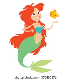 Vector cartoon image of a funny beautiful mermaid with red long wavy hair, light green tail and blue bra, smiling with a yellow fish near on a white background. Undersea world. Vector illustration.