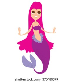 Vector cartoon image of a funny beautiful mermaid with bright pink long hair, purple tail and bra, smiling on a white background. Undersea world. Vector illustration.