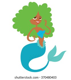 Vector cartoon image of a funny beautiful mermaid with green lush curly hair, light blue tail and bra, smiling on a white background. Undersea world. Vector illustration.